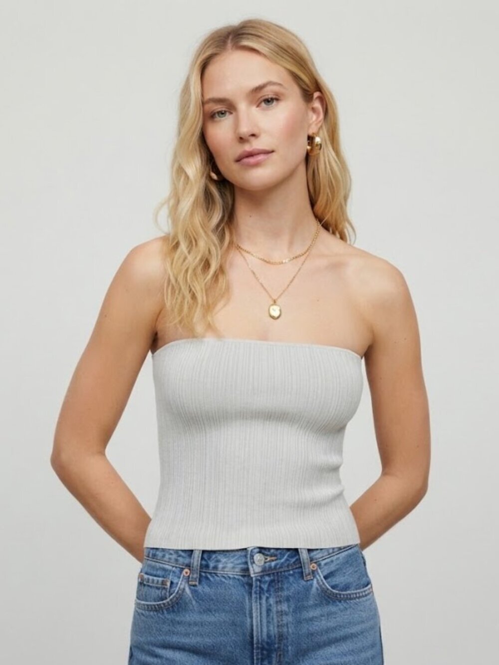 Madewell x Aimee Song Ribbed Knit Slim Fit Shimmer Metallic Tube Top Size XS NWT